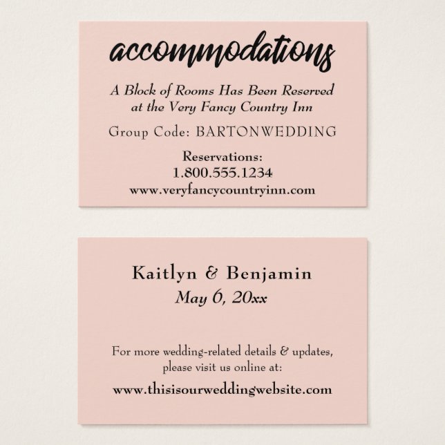 Blush Pink Wedding Accommodations Insert Cards (Front & Back)