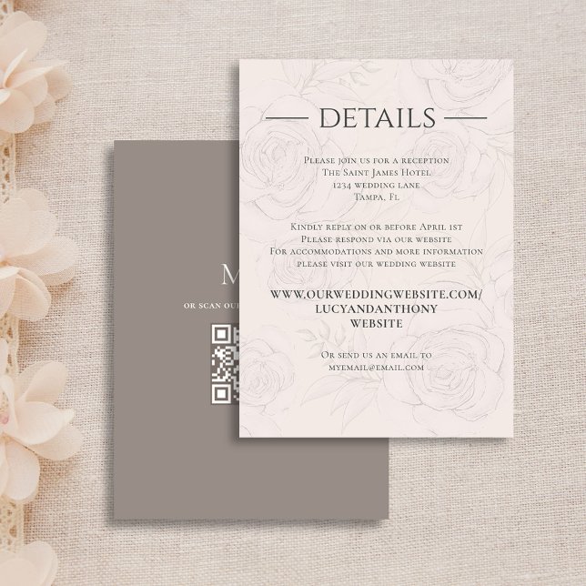 Blush Pink Wedding Details RSVP Custom Enclosure Card (Details wedding enclosure card with QR code for Online RSVP. )