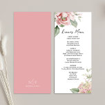 Blush Pink Wedding Floral Dinner Menu<br><div class="desc">Set the perfect table with this wedding dinner menu card, featuring an elegant calligraphy script in soft blush pink. Adorned with a watercolor floral design and rose garden greenery, this menu adds a romantic touch to your boho reception decor or rehearsal groom’s dinner. The stylish calligraphy script and classic typography...</div>
