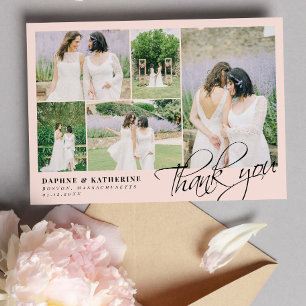 Blush Pink Wedding Photo Collage Script Thank You Card