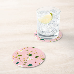 Blush Pink Whimsical Spring Flowers Blossom Round Paper Coaster