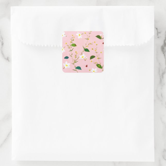 Blush Pink Whimsical Spring Flowers Blossom Square Sticker (Bag)