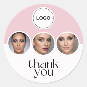 Blush Pink White 3 Photo MUA Logo Thank You Classic Round Sticker