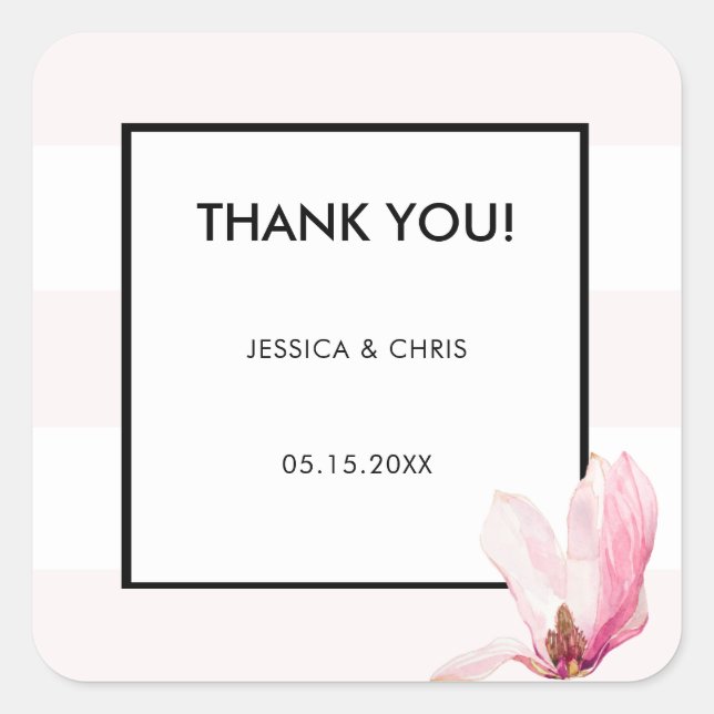 Blush Pink White 3 Stripes Magnolia Thank You Square Sticker (Front)