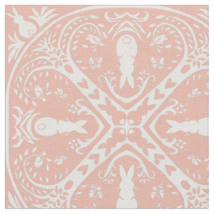 Blush Pink & White Bunny Rabbit Medallion Pattern Fabric