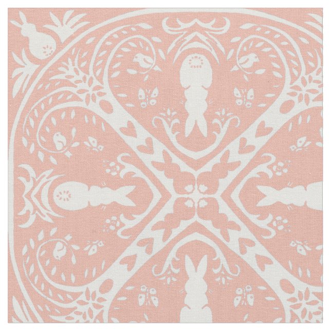 Blush Pink & White Bunny Rabbit Medallion Pattern Fabric (Close Up)