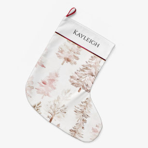 Blush pink white burgundy stripe Christmas trees Large Christmas Stocking