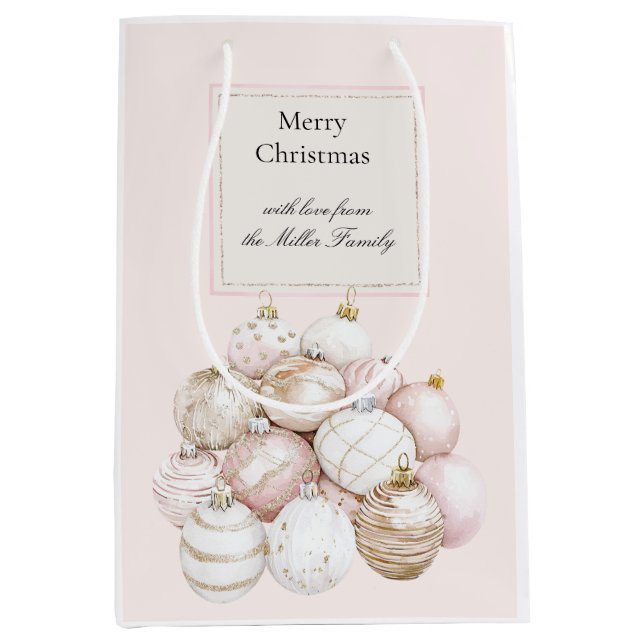 Blush Pink White Champagne Christmas Ornaments Medium Gift Bag (Front)