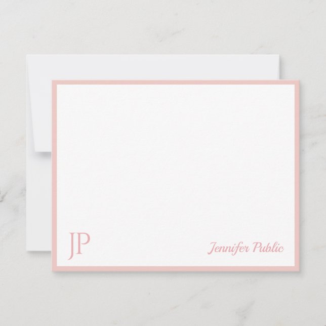 Blush Pink White Chic Handwritten Script Monogram Card (Front)