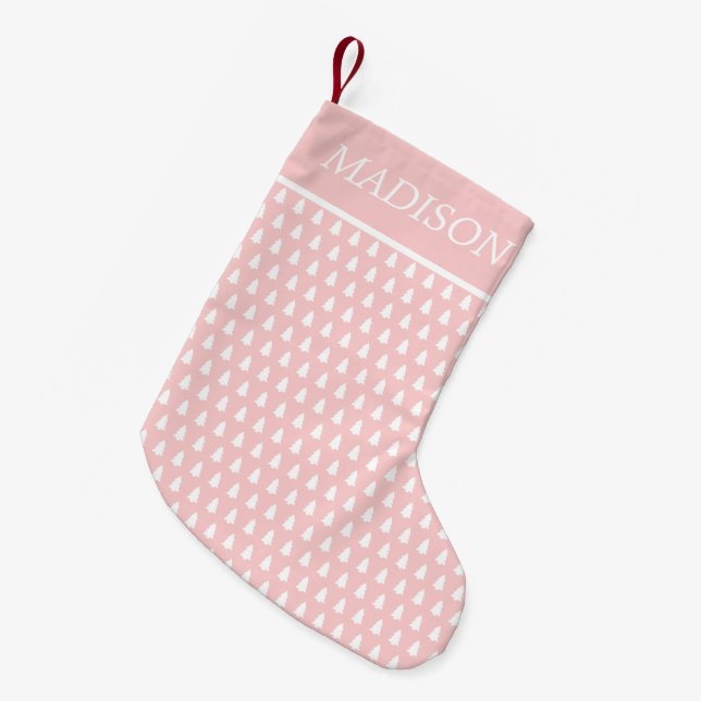 Blush Pink White Christmas Tree Pattern Name Small Christmas Stocking (Front (Hanging))