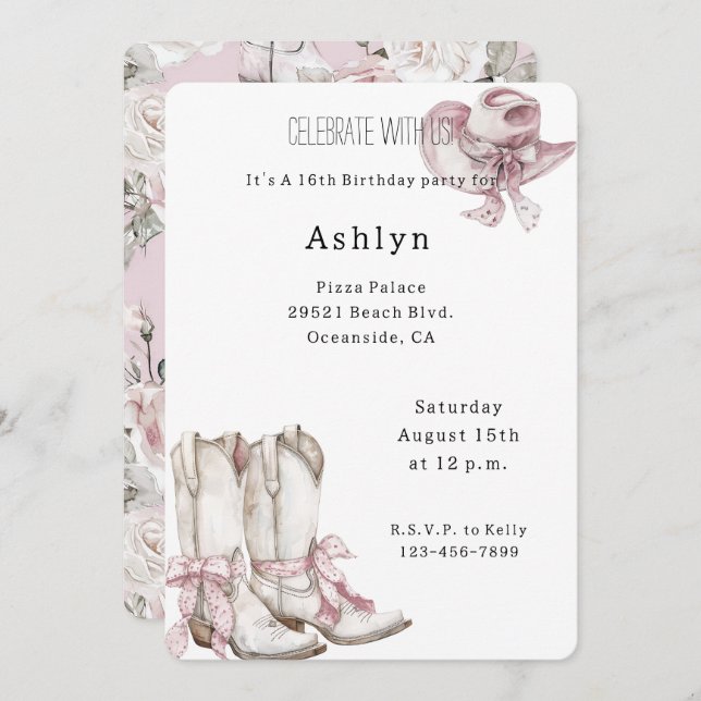 Blush Pink White Cowgirl Boots Hat Birthday   Invitation (Front/Back)