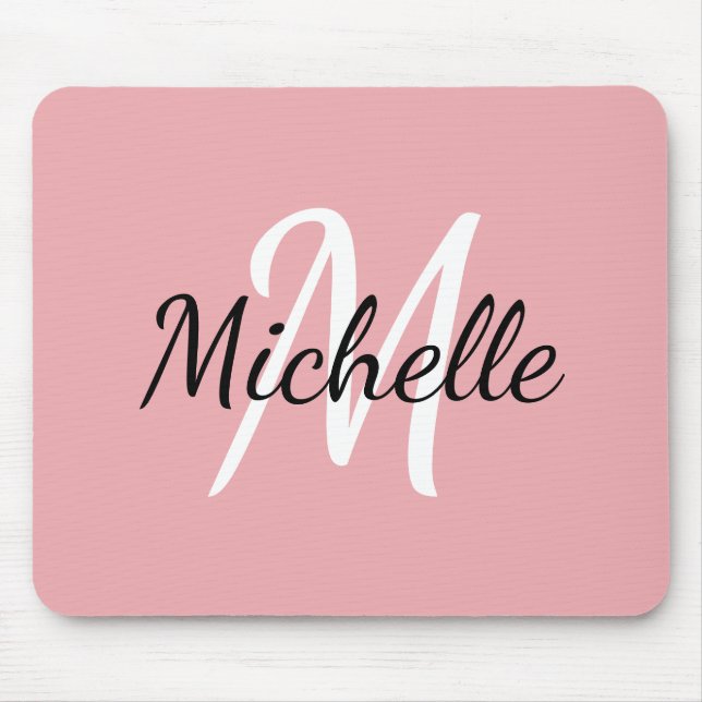 Blush Pink & White Custom Monogram Add Your Name Mouse Pad (Front)