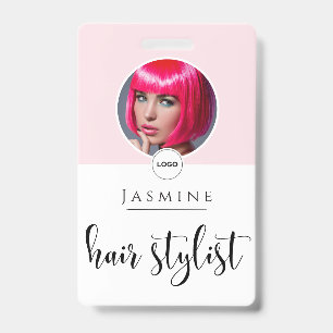 Blush Pink White Elegant Photo Hair Stylist ID Badge
