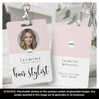 Blush Pink White Elegant Photo Hair Stylist ID Badge