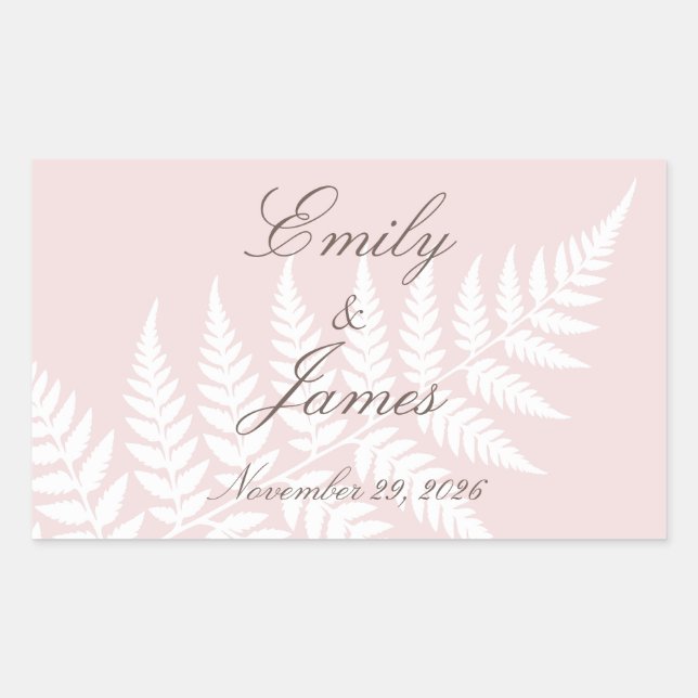 Blush Pink White Fern Elegant Personalized Wedding Rectangular Sticker (Front)