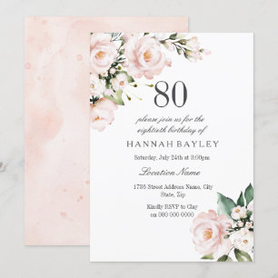 Blush Pink & White Floral 80th Birthday Party Invitation