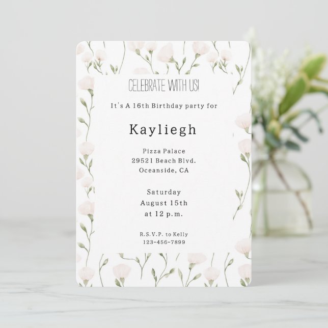 Blush Pink White Floral Birthday   Invitation (Standing Front)