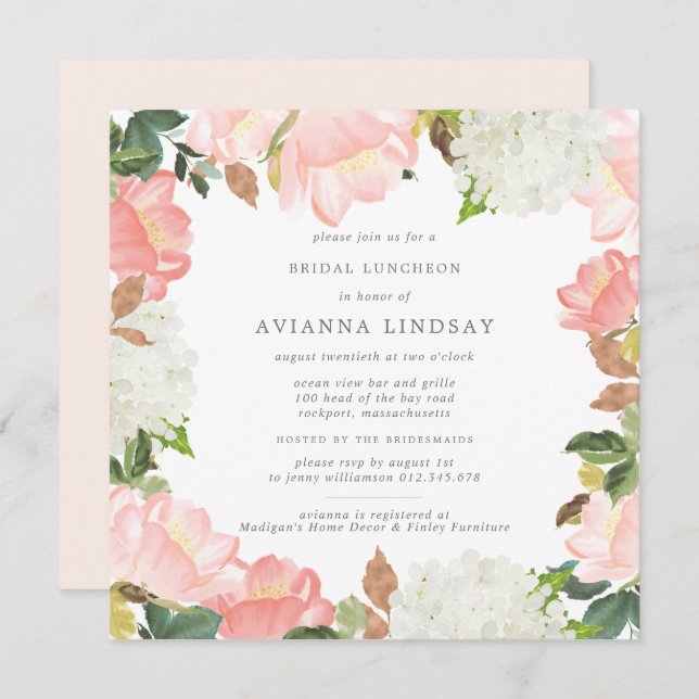 Blush Pink White Floral Bridal Luncheon Invitation (Front/Back)