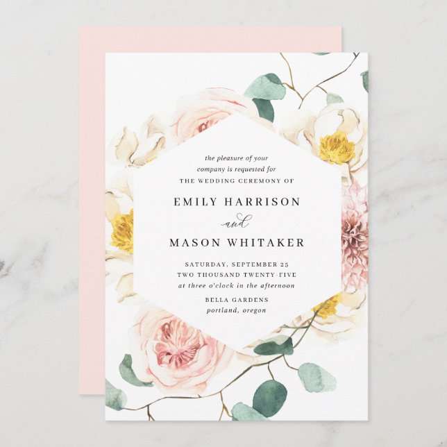 Blush Pink & White Floral Eucalyptus Wedding Invitation (Front/Back)