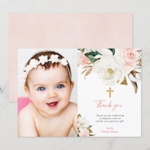 Blush pink white floral girl baptism communion invitation