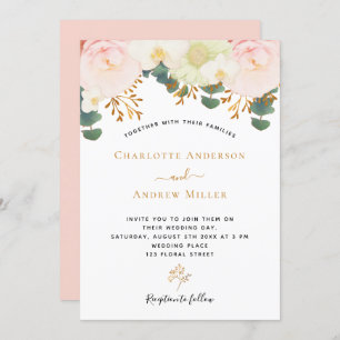 Blush pink white floral gold greenery wedding invitation