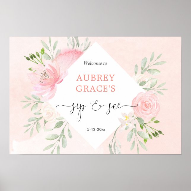 Blush pink white floral greenery sip and see poster (Front)