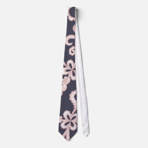 Blush Pink White Floral Lace on Navy Blue Tie