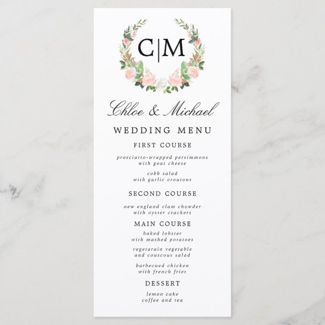 Blush Pink White Floral Monogram Name Wedding Menu (Front)