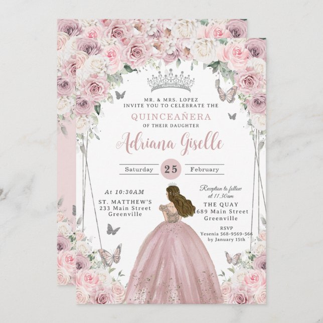 Blush Pink White Floral Princess Quinceañera XV 16 Invitation (Front/Back)