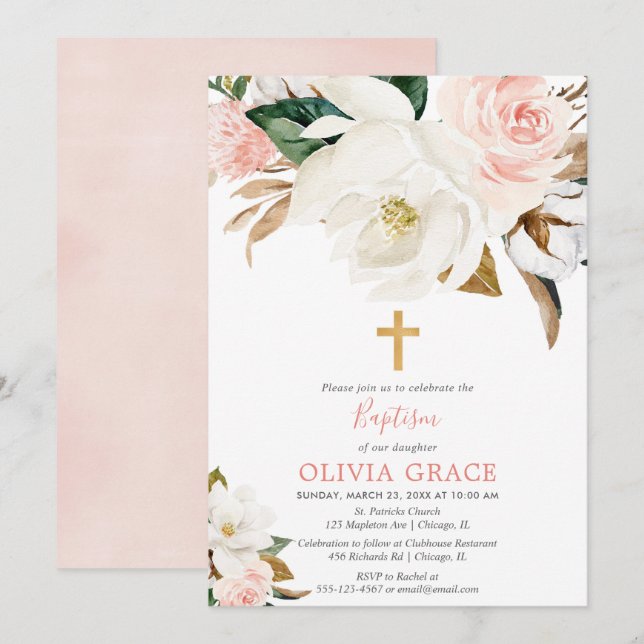 Blush pink white floral rustic girl baptism invitation (Front/Back)