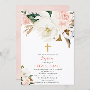 Blush pink white floral rustic girl baptism invitation