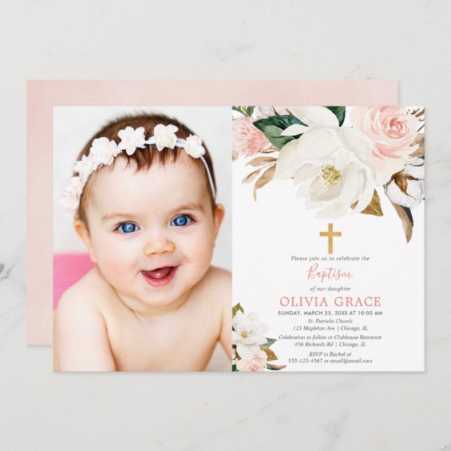 Blush pink white floral rustic girl baptism photo invitation (Front/Back)