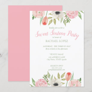 Blush Pink & White Floral Sweet Sixteen Birthday Invitation
