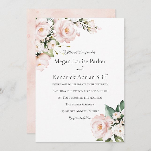 Blush Pink & White Floral Wedding Invitation (Front/Back)