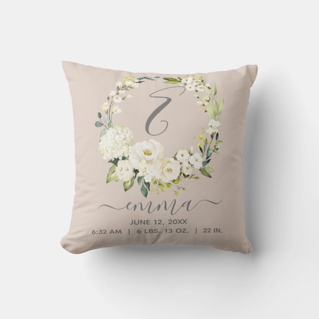 Blush Pink White Floral Wreath Baby Birth Stats Cushion (Front)