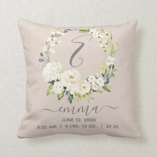Blush Pink White Floral Wreath Baby Birth Stats Cushion