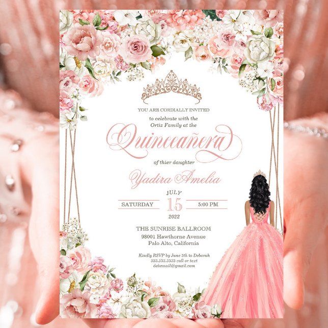 Blush Pink White Flowers Elegant Gown Quinceañera Invitation (Creator Uploaded)