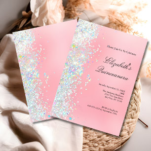 Blush Pink White Glitter Glam Bling Quinceanera Invitation