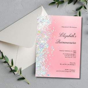 Blush Pink White Glitter Glam Bling Quinceanera Invitation