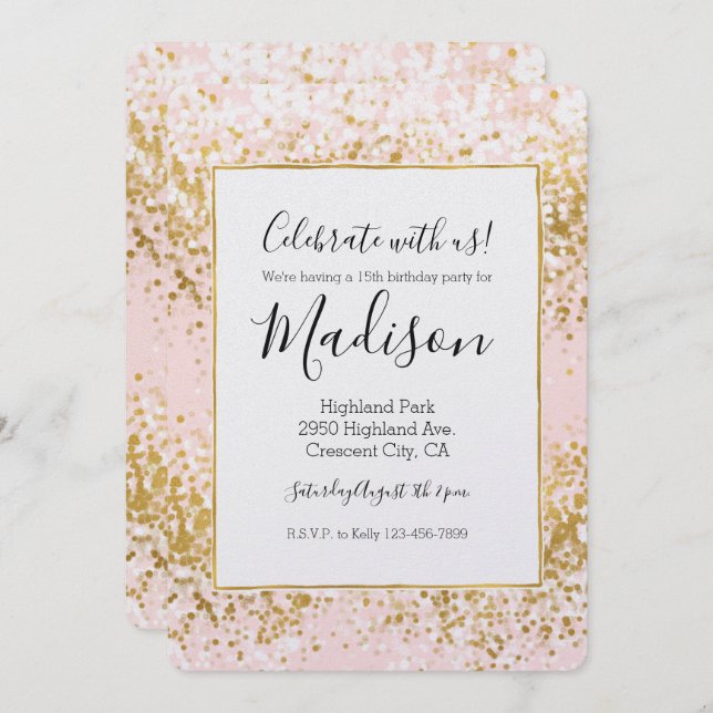 Blush Pink White Gold Confetti Sparkle Invitation (Front/Back)