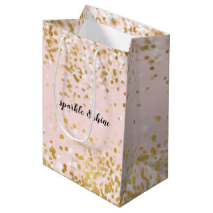 Blush Pink White Gold Confetti Sparkle Medium Gift Bag