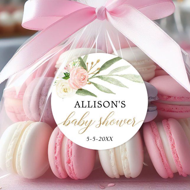 Blush pink white gold floral baby shower stickers (Creator Uploaded)