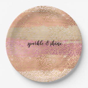 Blush Pink White Gold Girly Glam Leopard Print Paper Plate