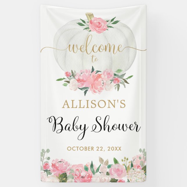 Blush pink white gold pumpkin baby shower backdrop banner (Vertical)