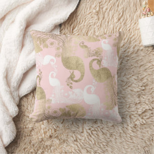 Blush pink white gold royal peacock bird cushion