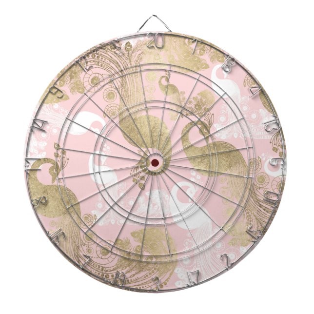 Blush pink white gold royal peacock bird dartboard (Front)