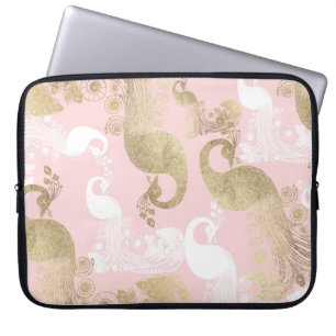 Blush pink white gold royal peacock bird  laptop sleeve