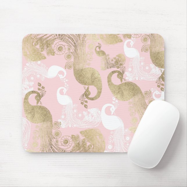 Blush pink white gold royal peacock bird  mouse pad (With Mouse)