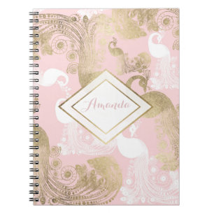 Blush pink white gold royal peacock bird  notebook