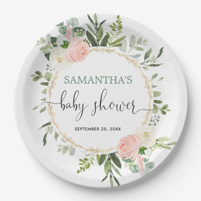 Blush pink white greenery gold floral elegant paper plate (Front)
